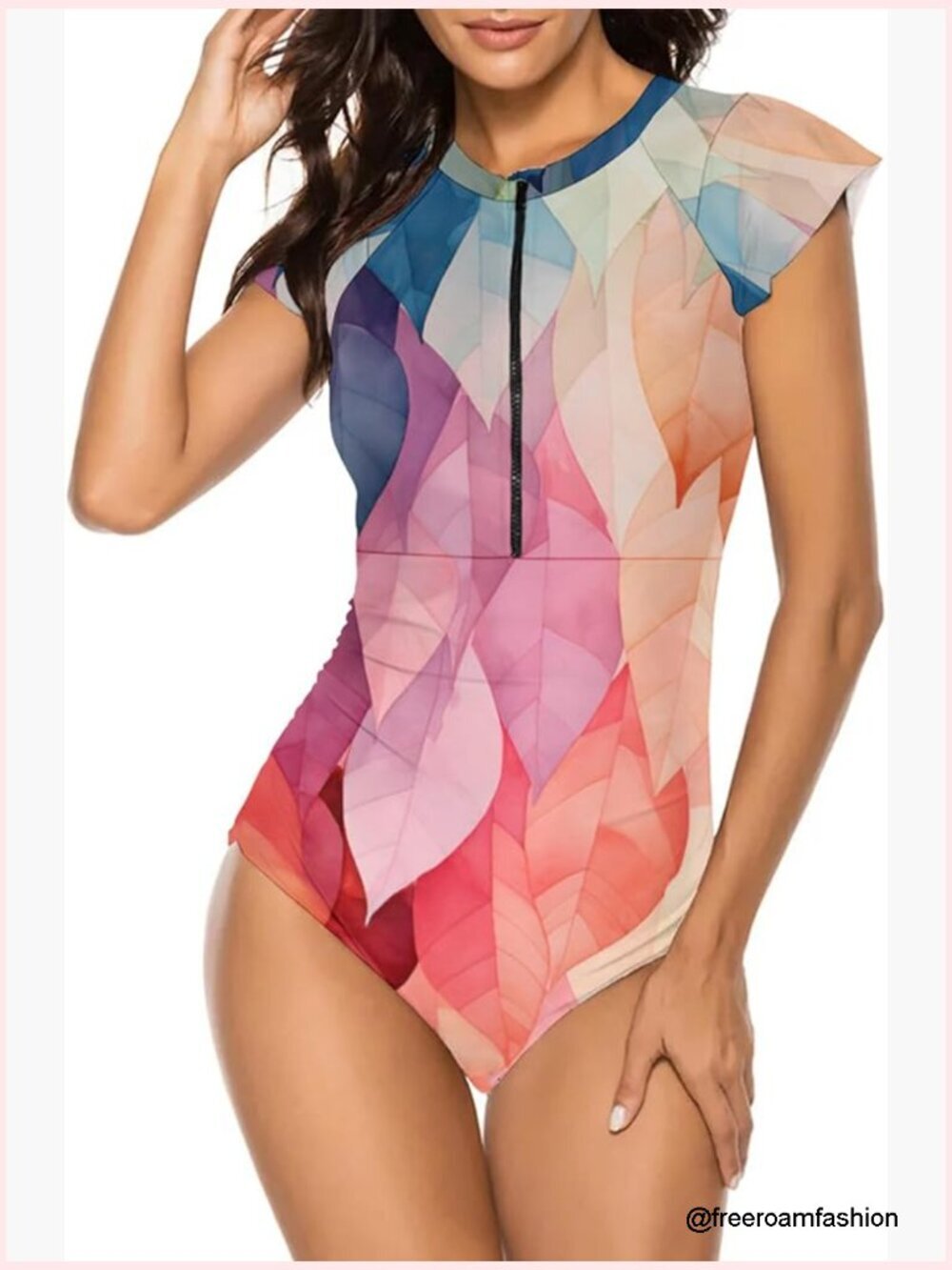 Modest One Piece Swim Suit Short Sleeve Tummy Control Zip Front Rashguard